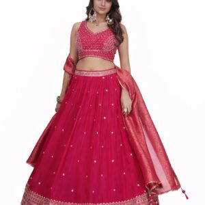 Dharohar Organza Handwork Lehenga Choli with Crop Top, Pink Embroidered Traditional Indian Ethnic Wear