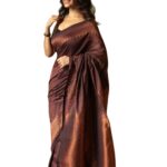 Bootsy Crafts Women Soft Lichi Silk Saree with Rich Jacquard Woven Design All Over Contrast Pallu and Exclusive Jacquard Border Blouse for Ethnic Wear Maroon
