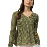 FIORRA Women's Green Cotton Top with Lace Detail and Printed Pattern TOP011