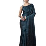 SIRIL Women's Satin Silk Hot Fixing Stone Work Saree with Unstitched Blouse Piece (3111S413_Teal Blue)