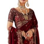 Women's Silk Saree with Embroidered Blouse Piece, Traditional Parte Wear with Gold Border and Hand Work Lace Embellished, Solid/Plain, Applique, Woven, Bollywood Jimmy Jimmy, Satin Saree (Maroon)